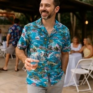 RJC Men's Hawaiin Tropical Ocean Print Aqua Blue Short Sleeve
